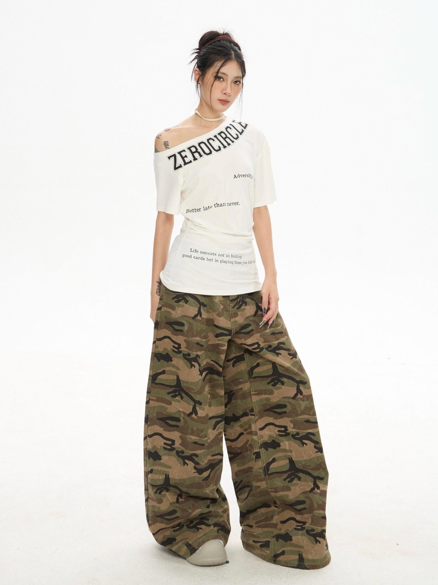 ZERO Viscose Printed Casual Loose Fit Asymmetric Neck Midlength Short Sleeve T-Shirts