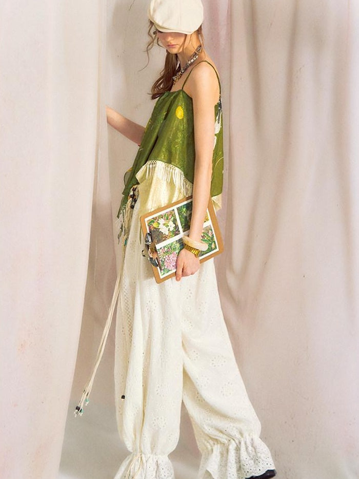 OfAkiva Relaxed Lantern Natural Waist Zip Fly Flared Hem Women Wide Leg Pants