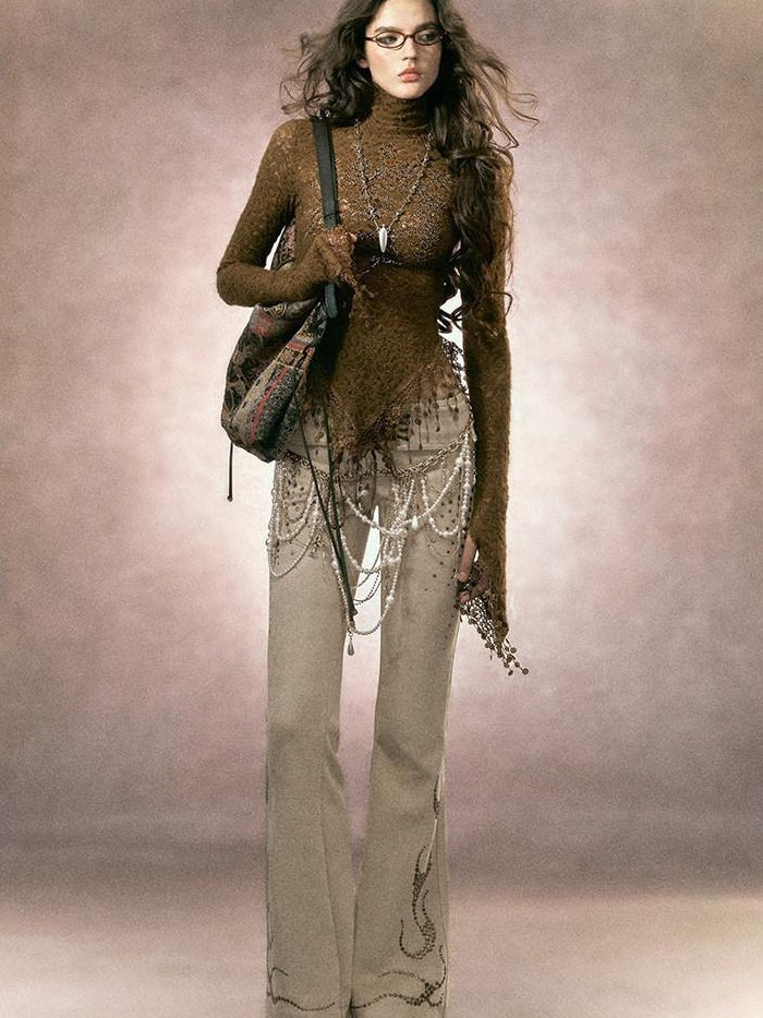 OfAkiva Rhinestone Embroidered Vintage Low Rise Slim Fit Casual Women Flared Pants