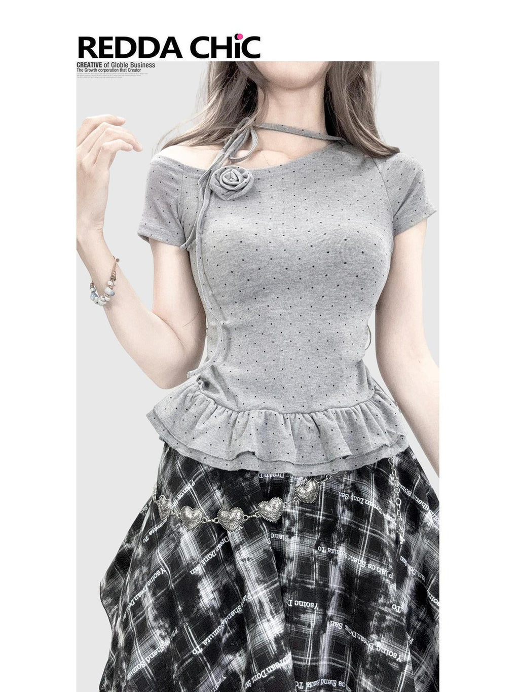 REDDACHIC Gray Polka Dot Slanted Shoulder Pleated Waist Tie Women'S Short Sleeve T-Shirts