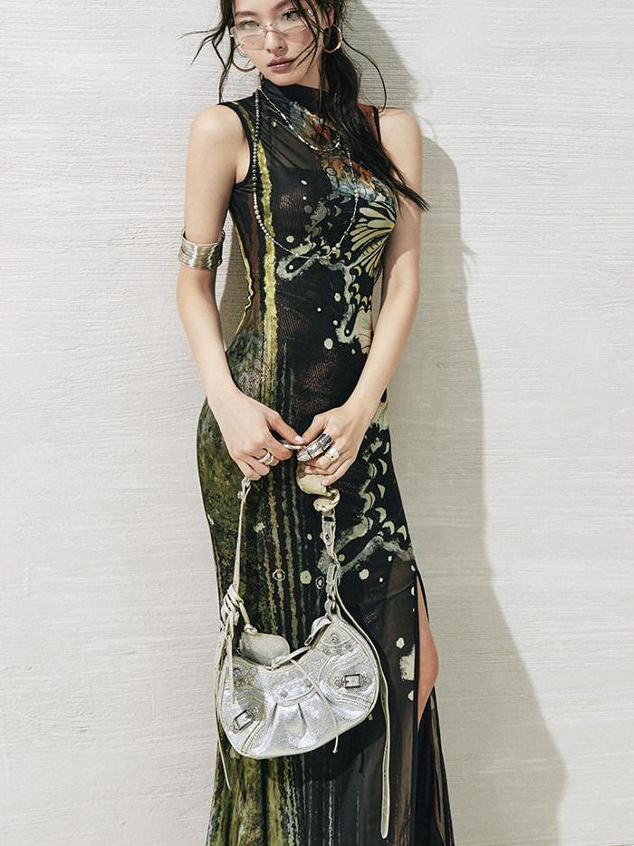 OfAkiva High Waist Sleeveless Printed A Line Hanfu Inspired Women Maxi Dresses
