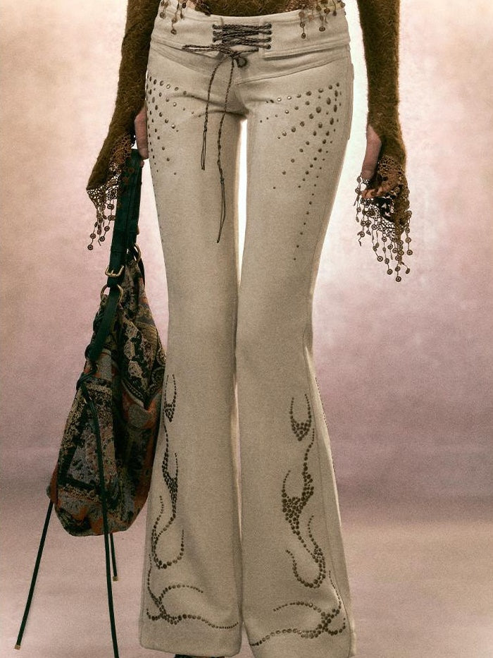 OfAkiva Rhinestone Embroidered Vintage Low Rise Slim Fit Casual Women Flared Pants