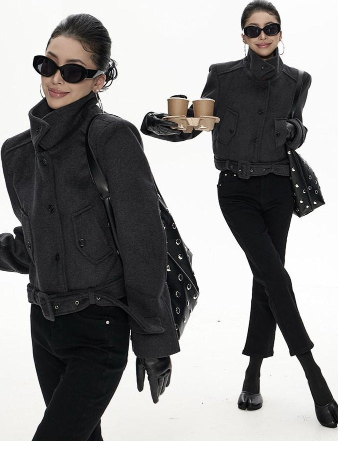 ZERO Cute Single Breasted Woven Long Sleeve Young Women Black Gray Cropped Jackets