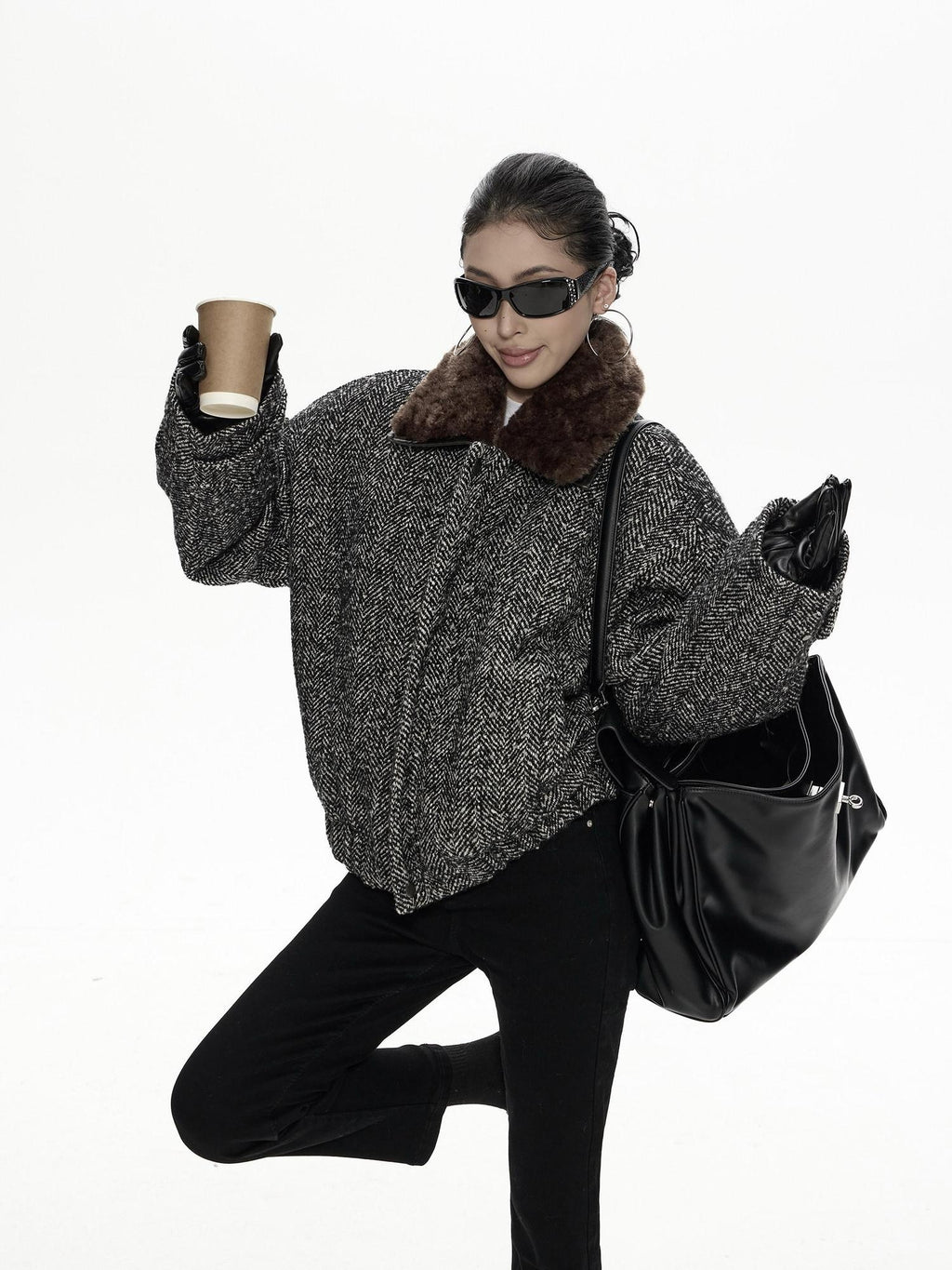 ZERO Insulated Nylon Street Loose Lapel Collar Black Young Women Cropped Jackets