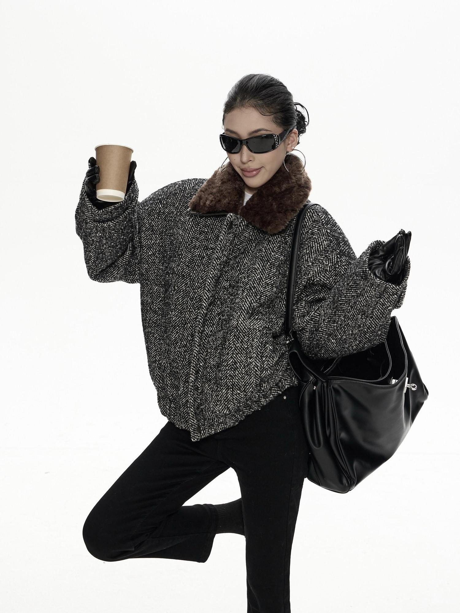 ZERO Insulated Nylon Street Loose Lapel Collar Black Young Women Cropped Jackets