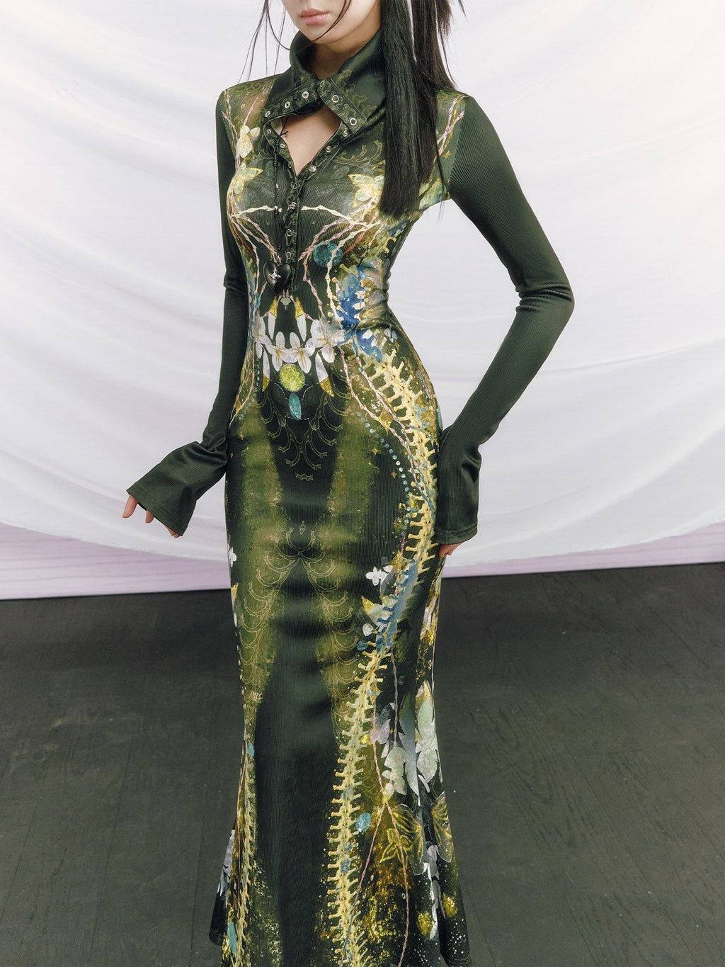 OfAkiva Minimalist Printed High Waist Fitted Long Sleeve High Neck Women Maxi Dresses