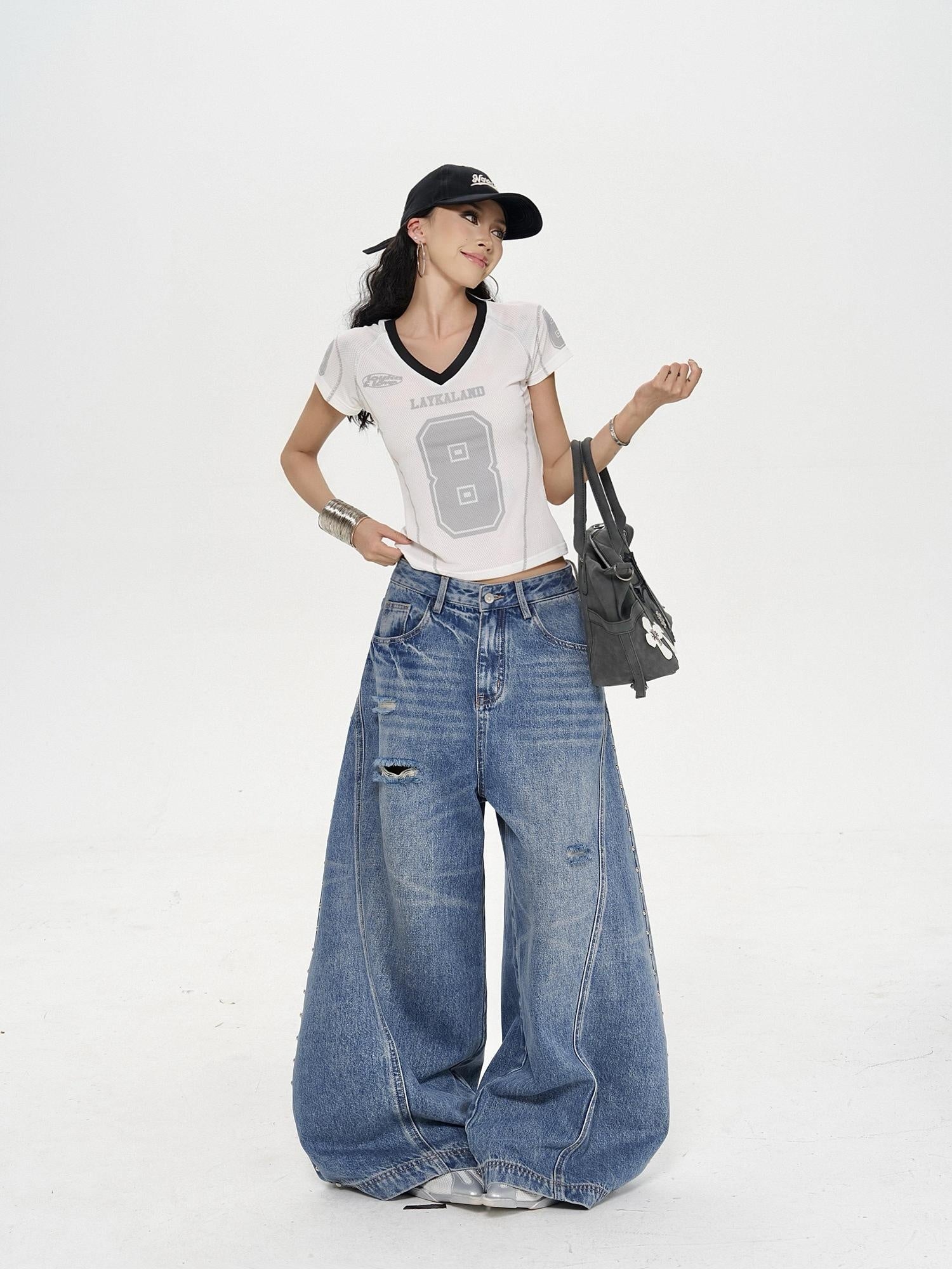 ZERO Distressed Low Rise Loose Fit Casual Vintage Blue Denim Wide Leg Jeans
