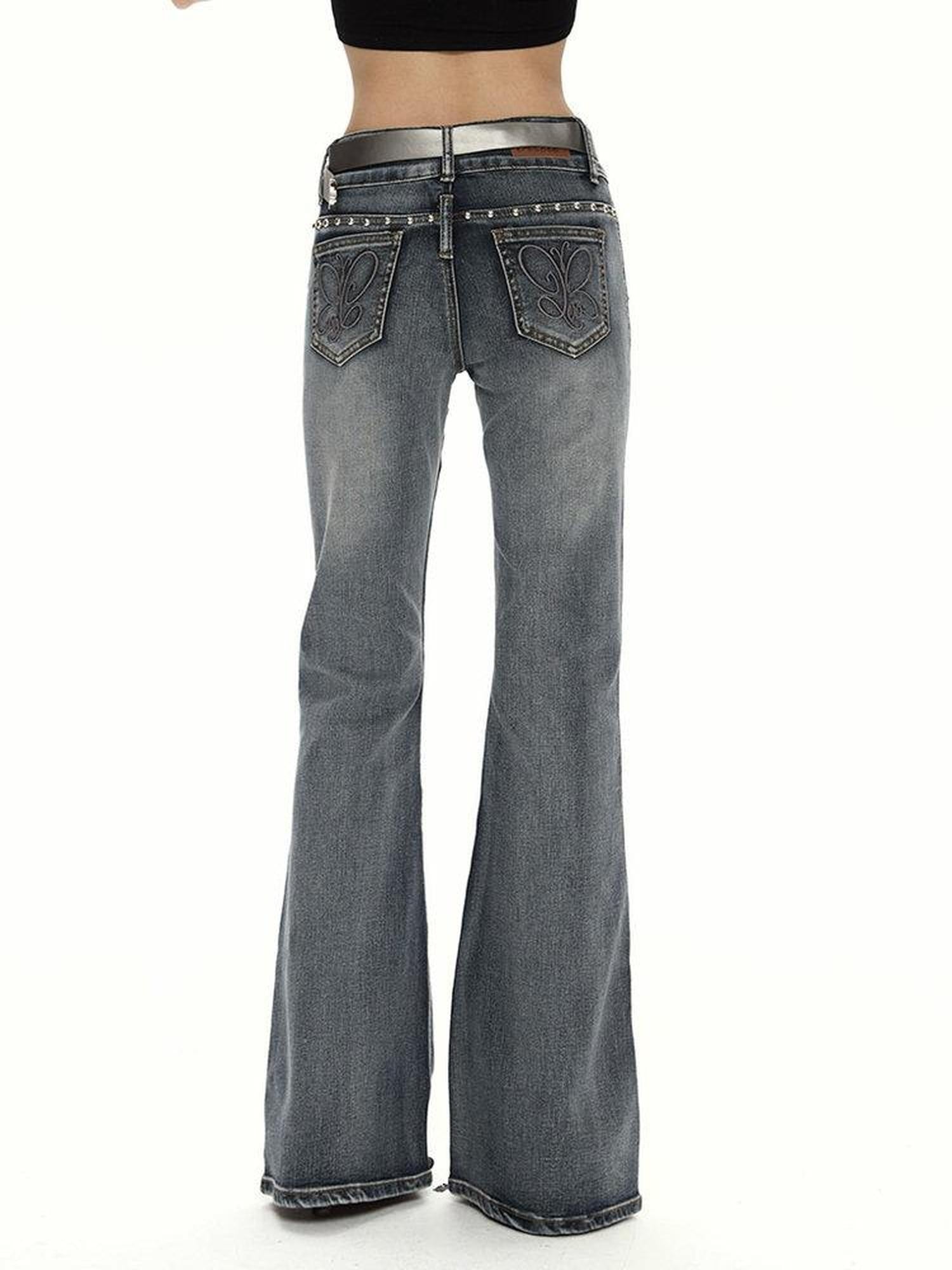 ZERO High Stretch Washed Vintage Blue Slim Natural Waist Pockets Women Denim Flared Jeans