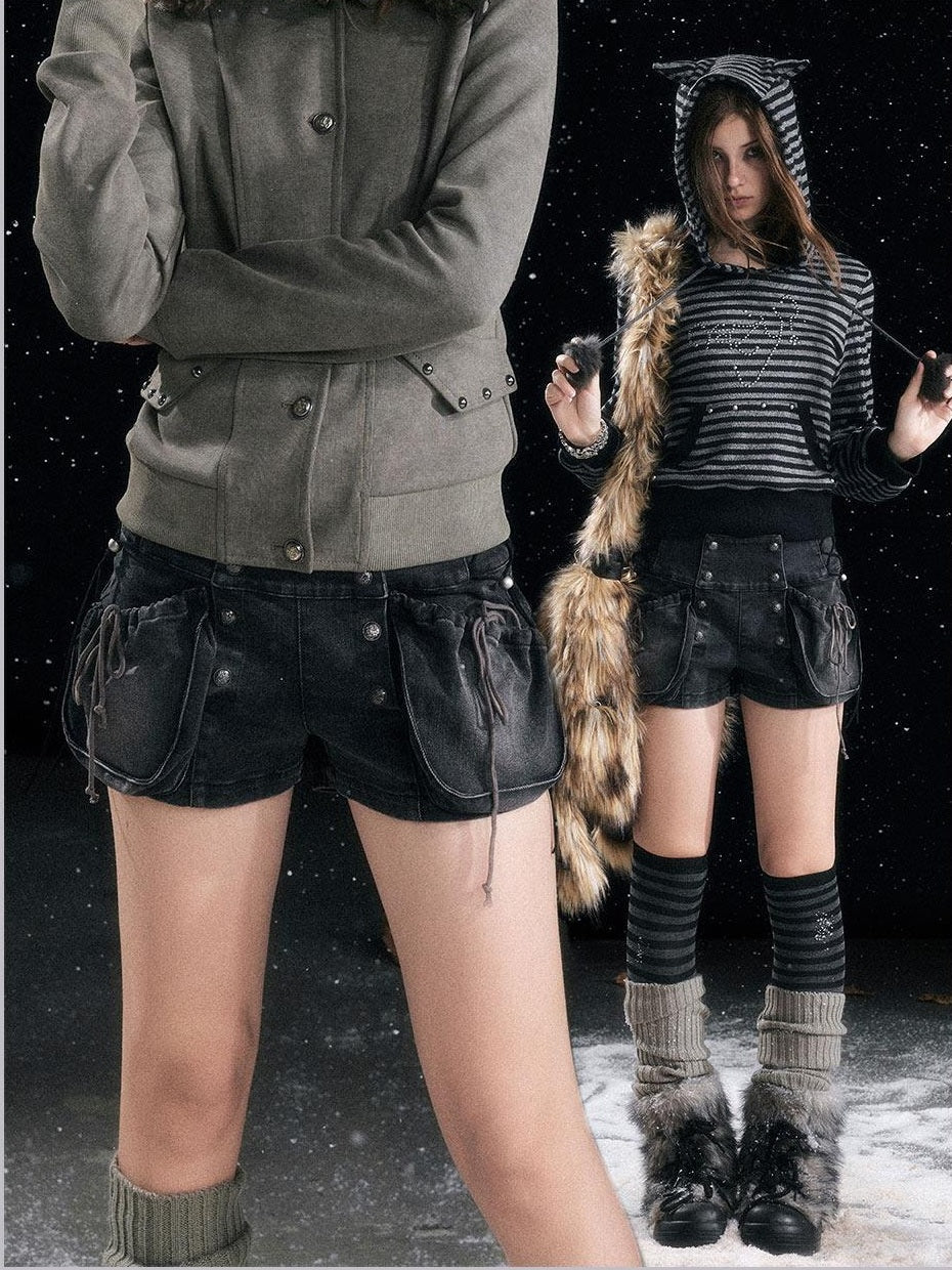 Cest Nous Washed Black Cargo Drawstring Natural Waist Women Regular Stretch Denimshorts