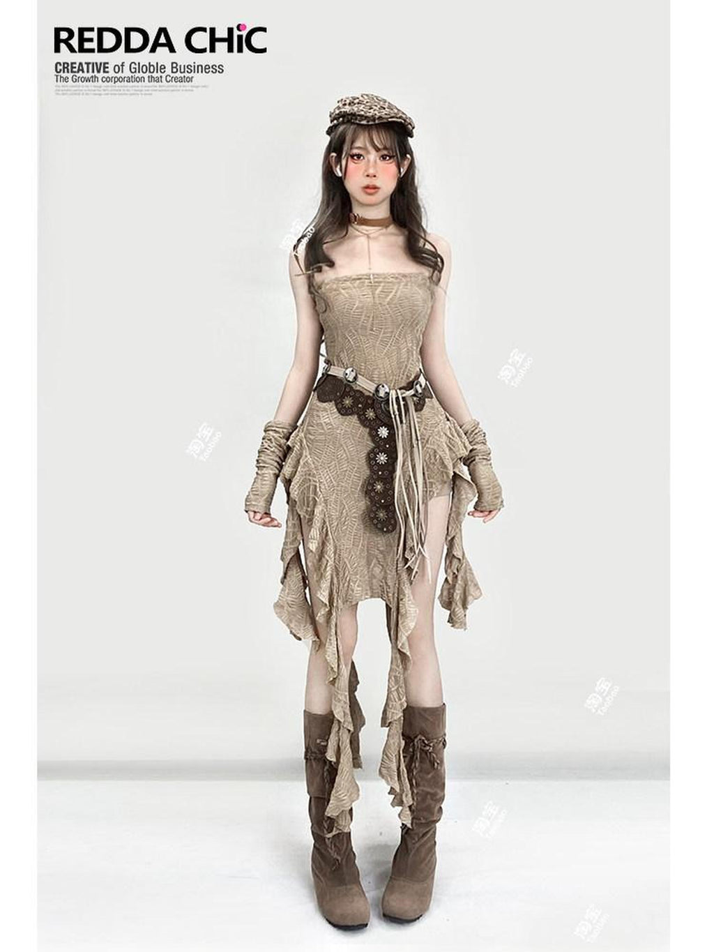 REDDACHIC Khaki Wasteland Fitted Ruffle Tassel Asymmetrical Women'S Strapless Maxi Dresses