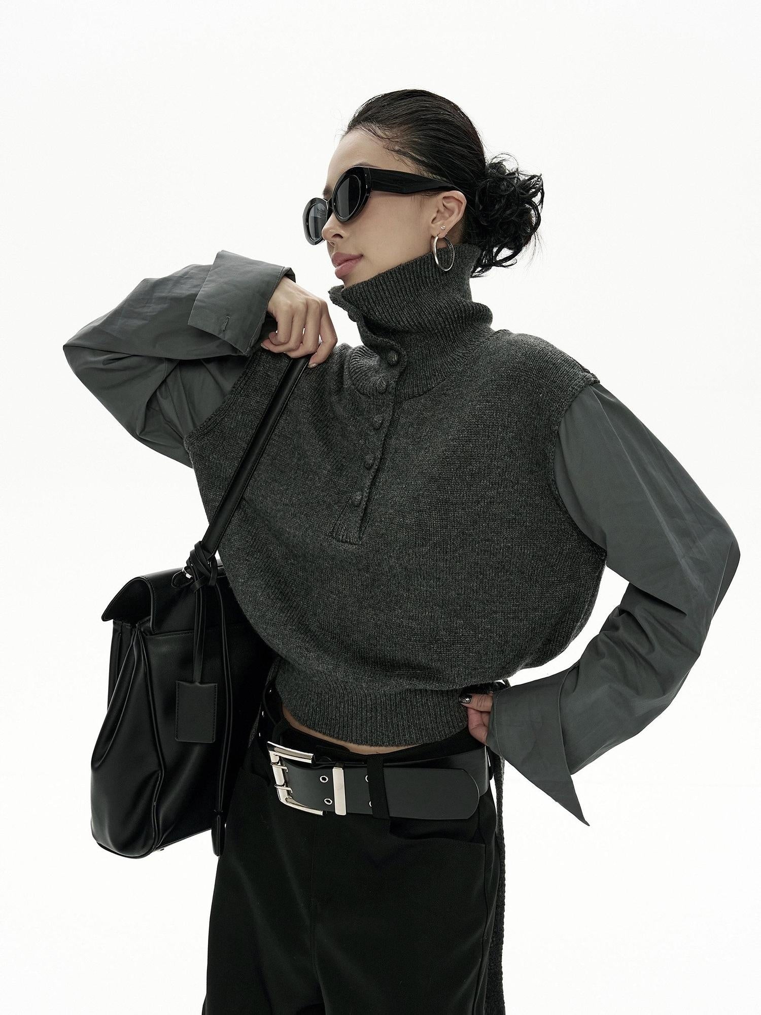 ZERO Soft Nylon Pullover Faux Two Piece Work Long Sleeve Women Knitwear
