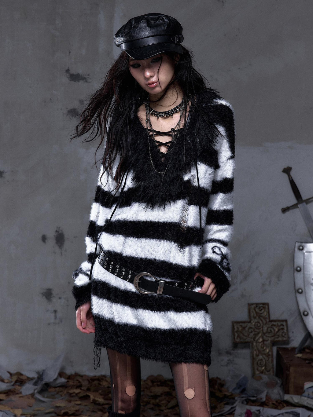 NO ROMANCE Vintage Punk Distressed Striped Women'S Faux Mink Low Neck Loose Long Sweaters