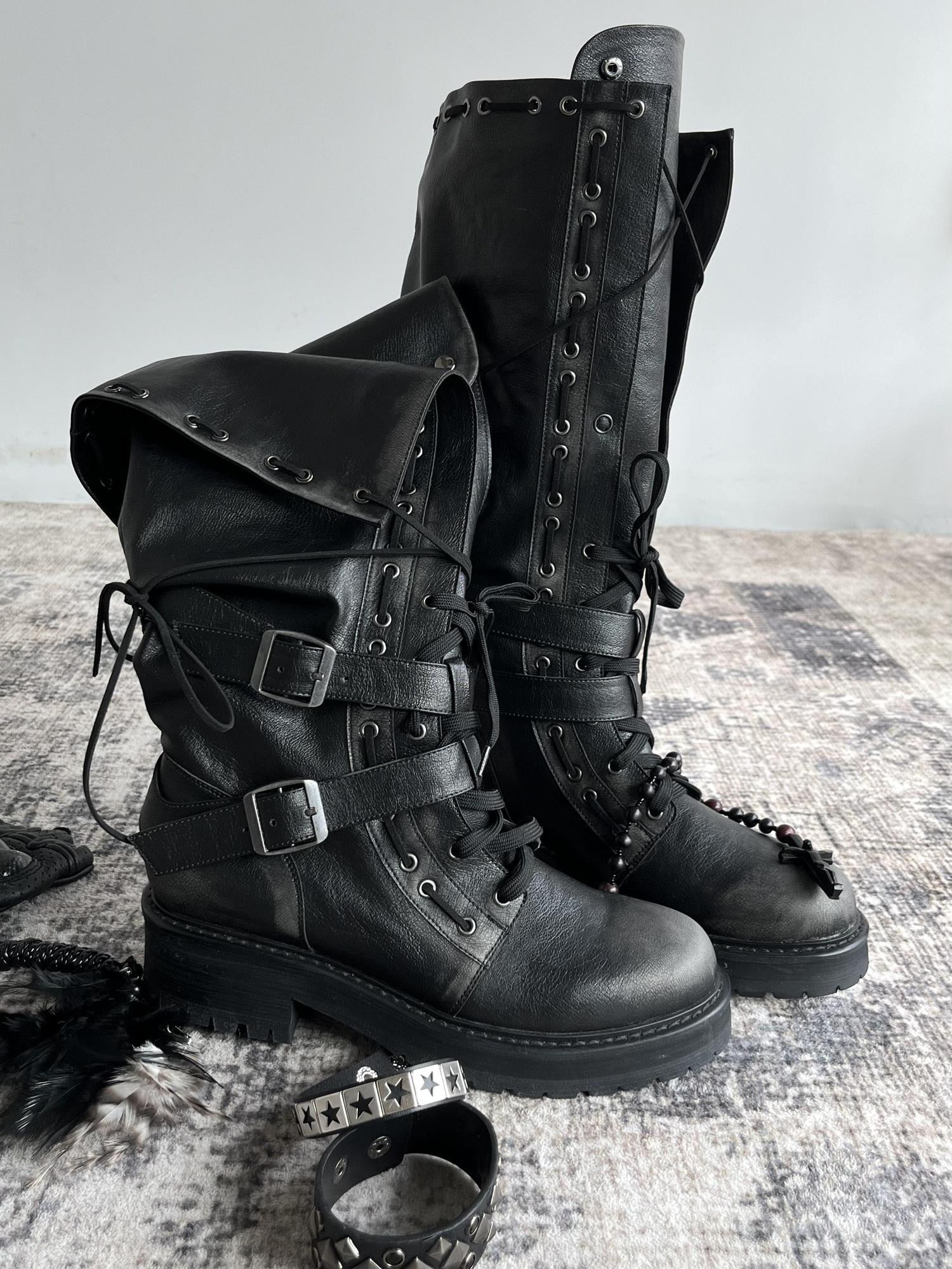 Cest Nous Low Heel Mid Calf Belt Buckle Casual Riding Round Toe Leather Lined Black Boots