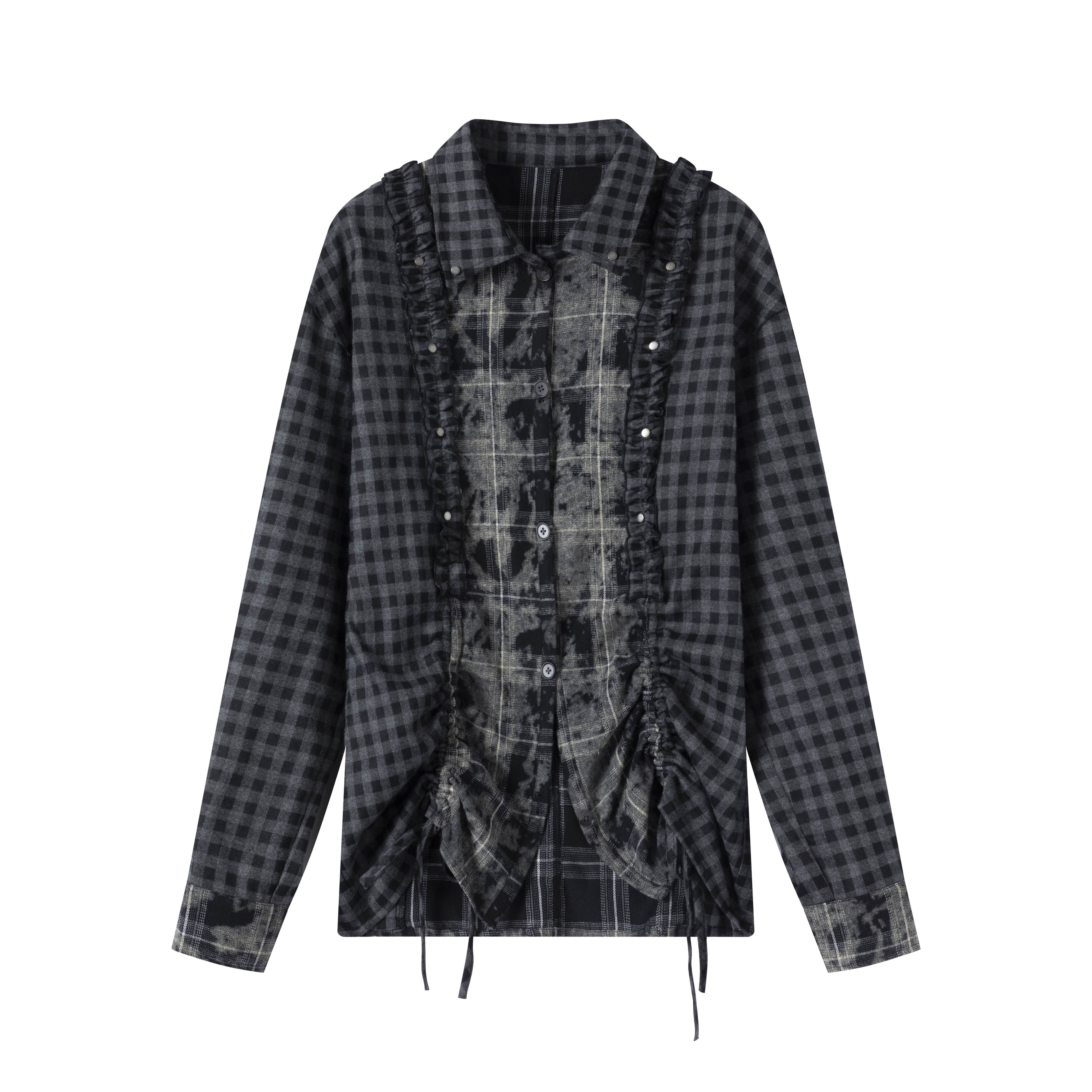 Cest_Nous_Punk_Ruffle_Check_Straight_Cardigan_Long_Sleeve_Womens_Casual_Polyester_Blouses_MISSTT