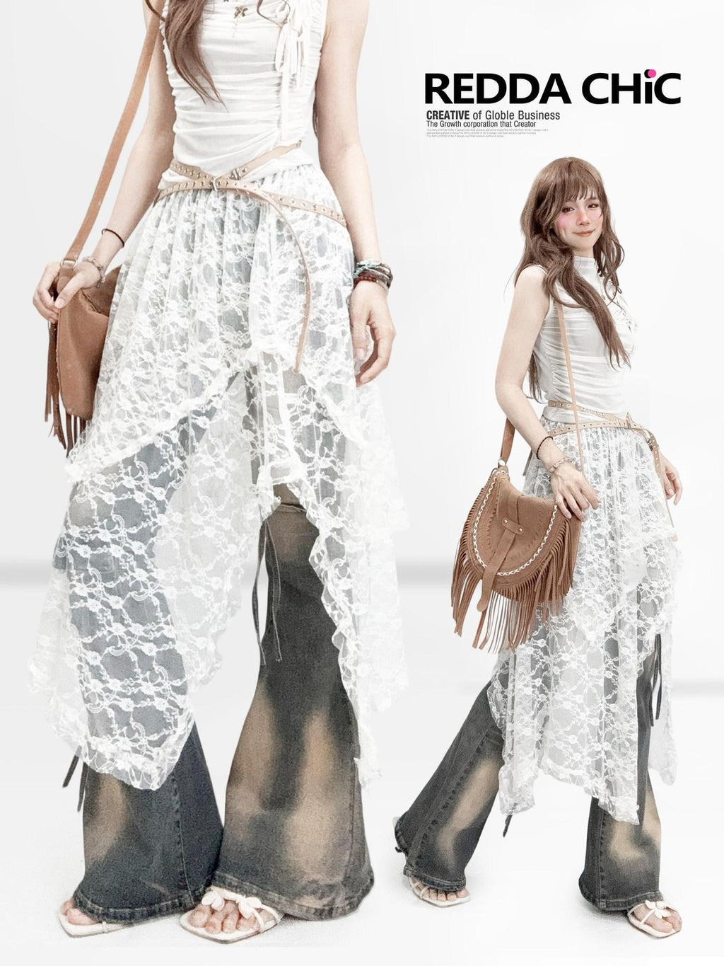REDDACHIC Vintage Bohemian Asymmetric Spliced High Waist A Line Women'S Lace Midi Skirts
