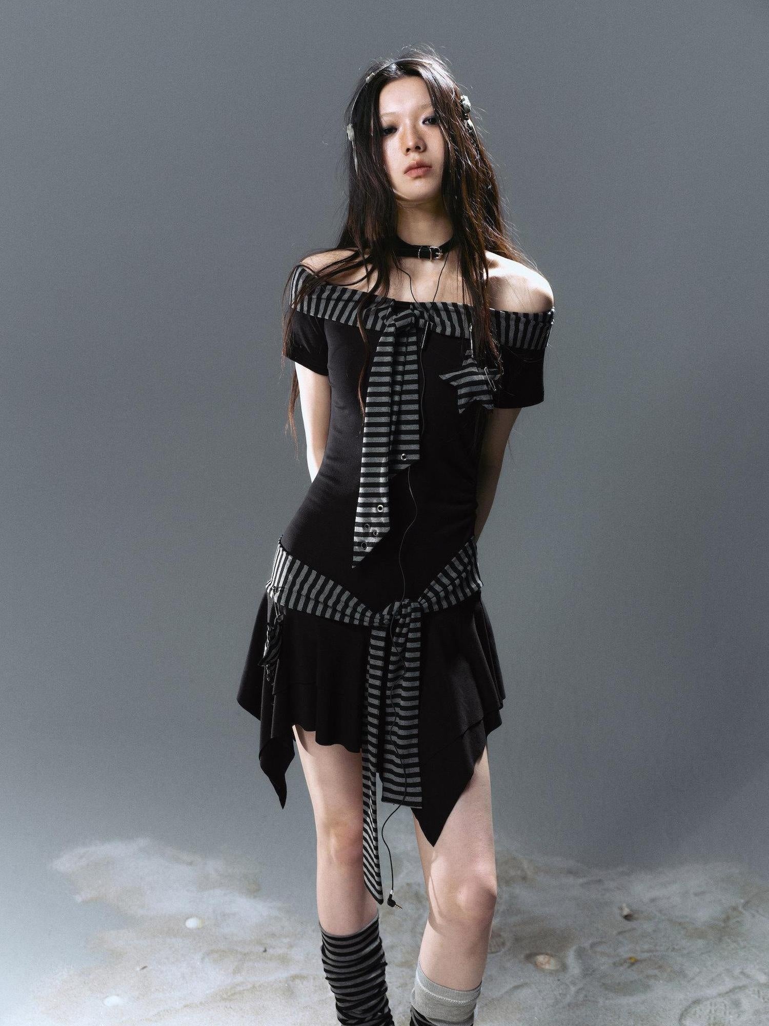Cest Nous Soft Tie Street One Shoulder A Line Slim Casual Women Black Grey Mididresses