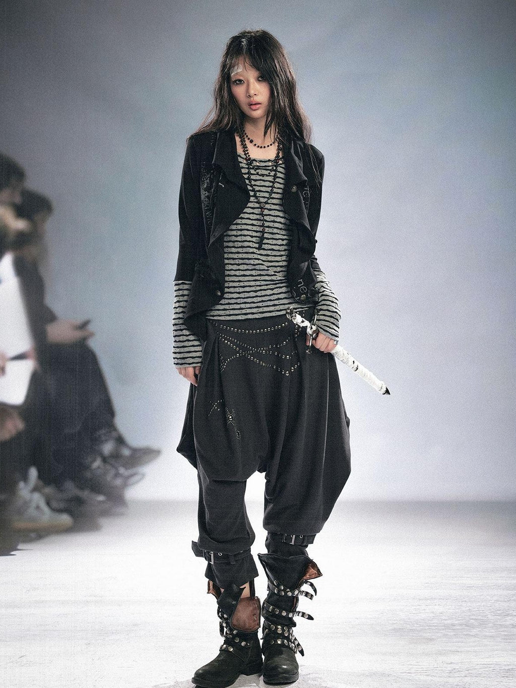 Cest Nous Stretch Cotton Punk Faux Layer Women Striped Pullover Black White Cardigans