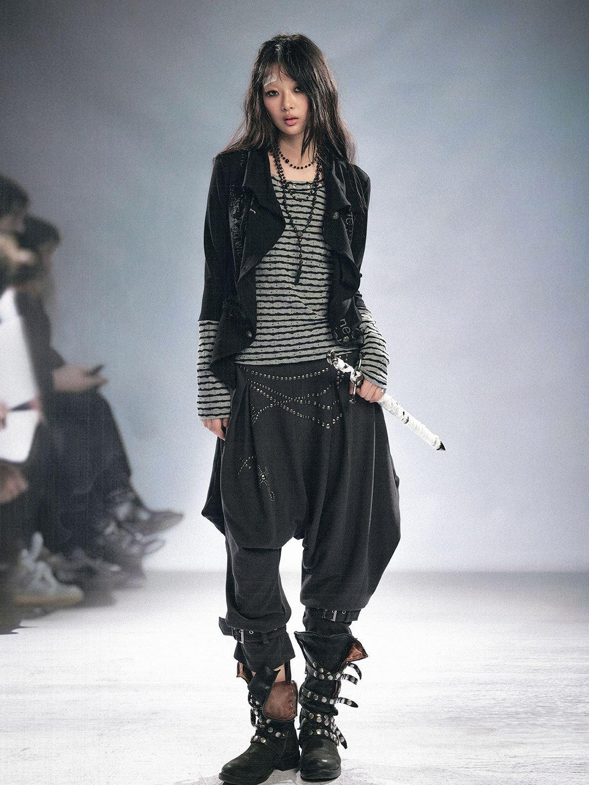 Cest Nous Stretch Cotton Punk Faux Layer Women Striped Pullover Black White Cardigans