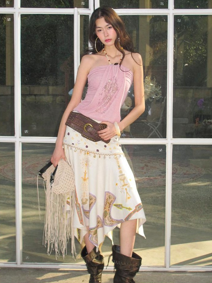 OfAkiva High Waist Asymmetrical A Line Slim Fit Printed Beige Women Maxi Skirts