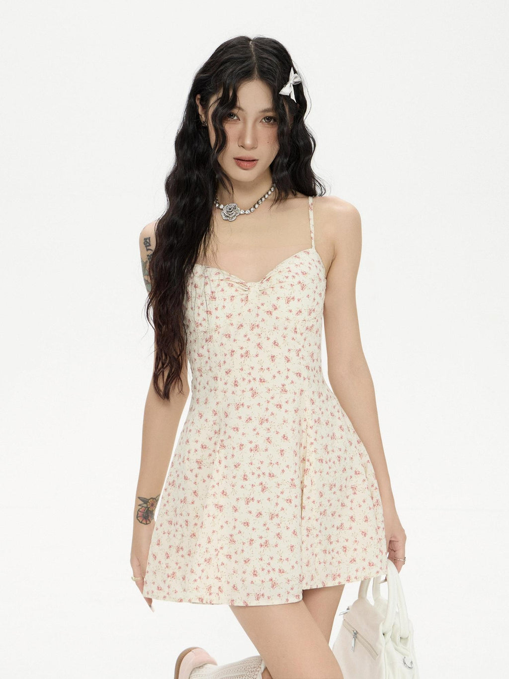 ZERO Floral Padded Bust High Waist A Line Knit Slim Fit Women Casual Mini Dresses