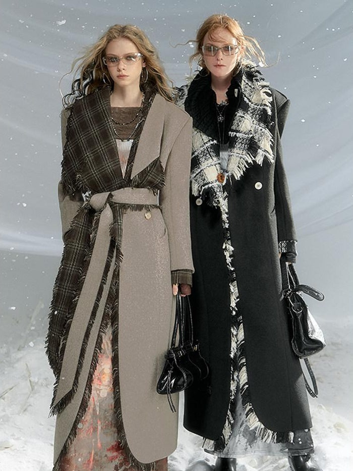 OfAkiva Warm Woolen Thick Hooded Slim Fit Checked Lapel Commuter Women Long Coats