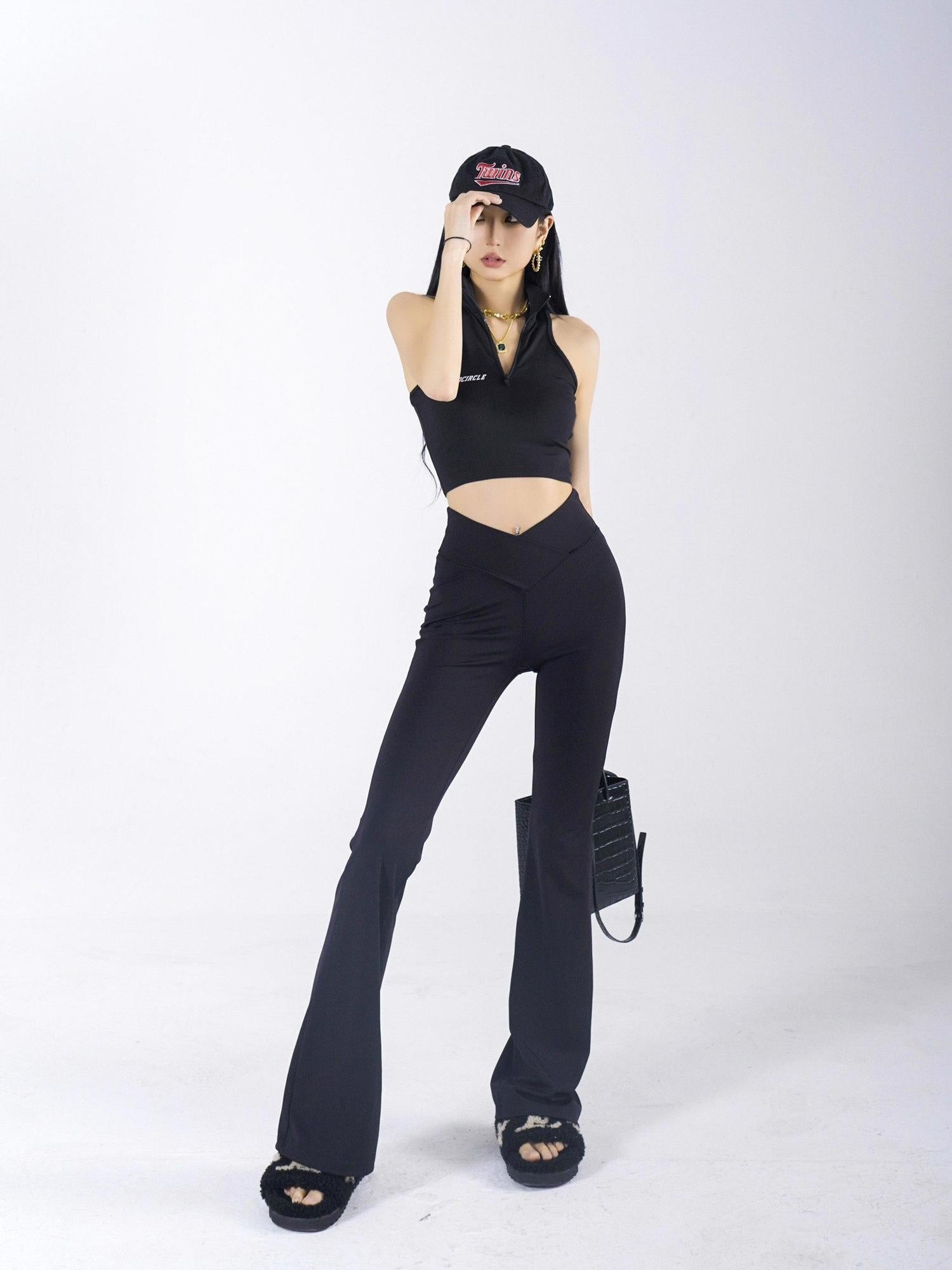 ZERO Comfort Stretch Knit Natural Waist Micro Flare Women Black Nylon Flared Pants