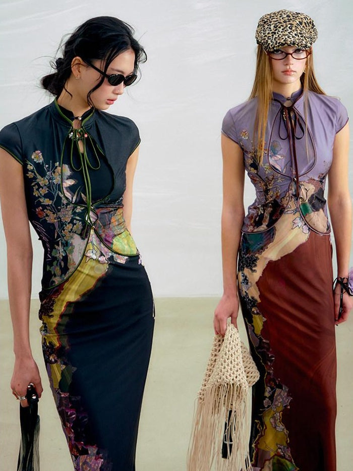 OfAkiva High Waist Floral New Chinese Style A Line Qipao Womens Tricolor Maxi Dresses