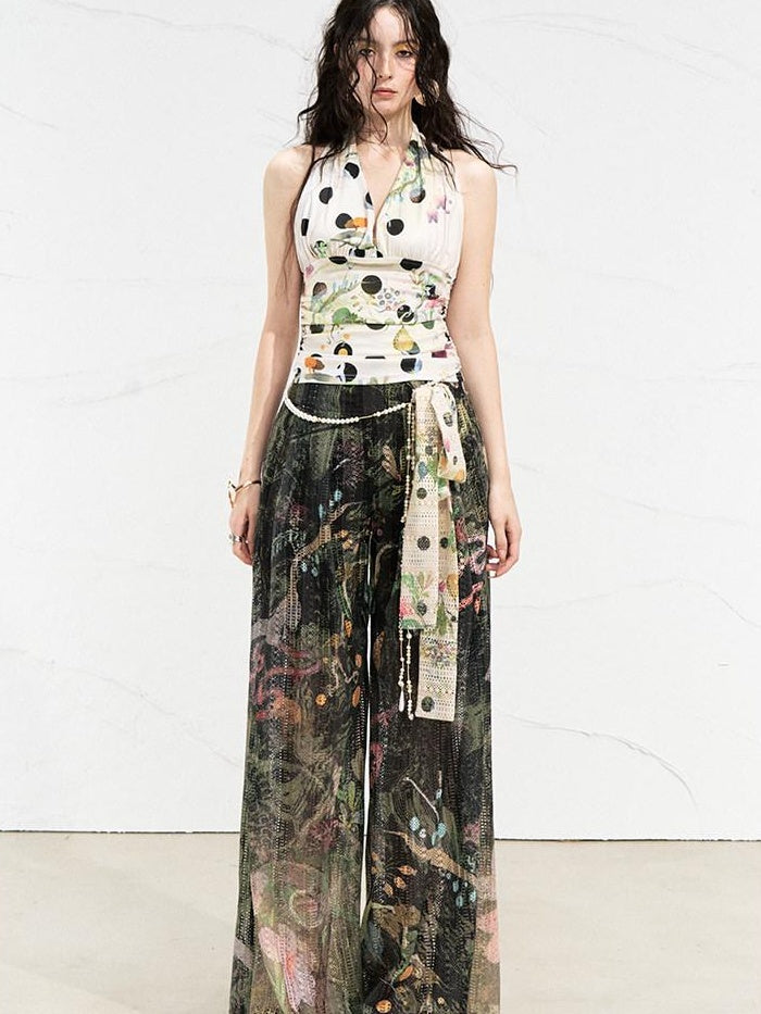 OfAkiva High Waist Cutout Casual Loose Pockets Zip Fly Women Forest Green Wide Leg Pants