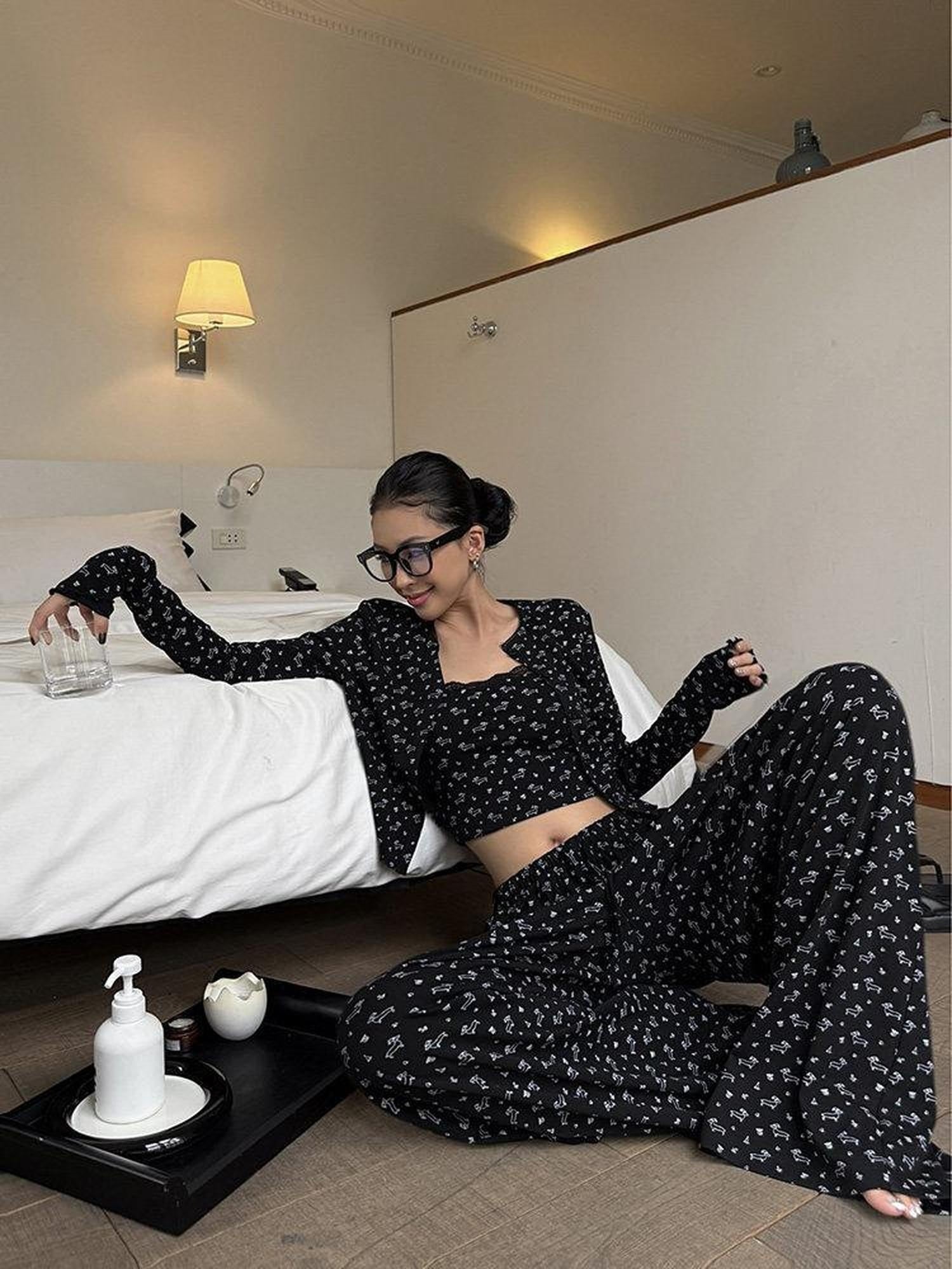 ZERO Knitted Slim Three Piece Printed Crop Cardigan Casual Women Top & Pants Sets