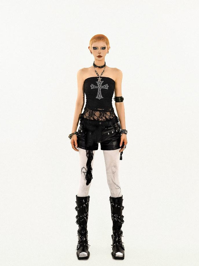 Nico Molly Fringe Slim Fit Punk Street Women Solid Black White Silver Tube Tops