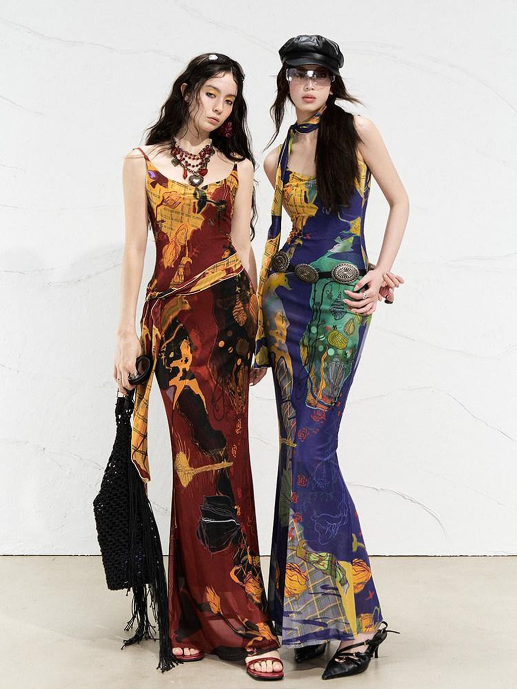 OfAkiva Sexy High Waist Square Neck Strappy Printed Stretch Polyester Maxi Dresses