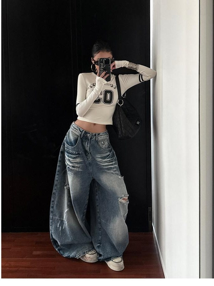 ZERO Washed Blue Cotton Distressed Low Rise Casual Loose Women Denim Wide Leg Jeans