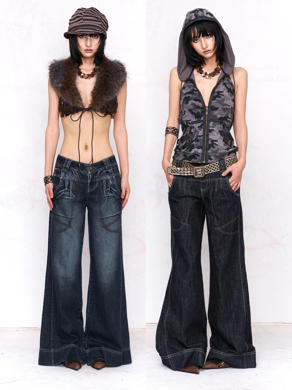 Flowers birds Market Washed Blue Distressed Natural Waist Pockets Button Fly Women Wide-Leg Jeans