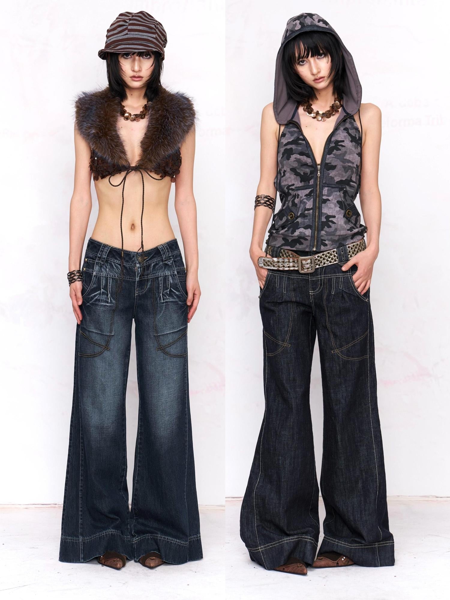 Flowers birds Market Washed Blue Distressed Natural Waist Pockets Button Fly Women Wide-Leg Jeans