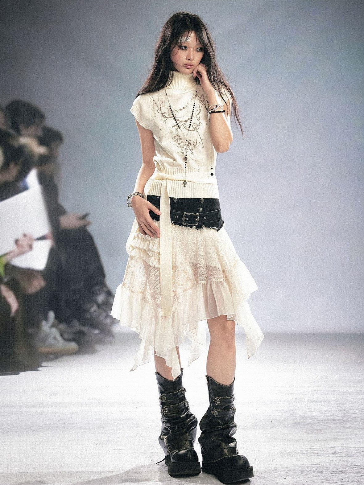 Cest Nous Asymmetric Lace Mid Waist Slim Fit Irregular Hem Women Midiskirts
