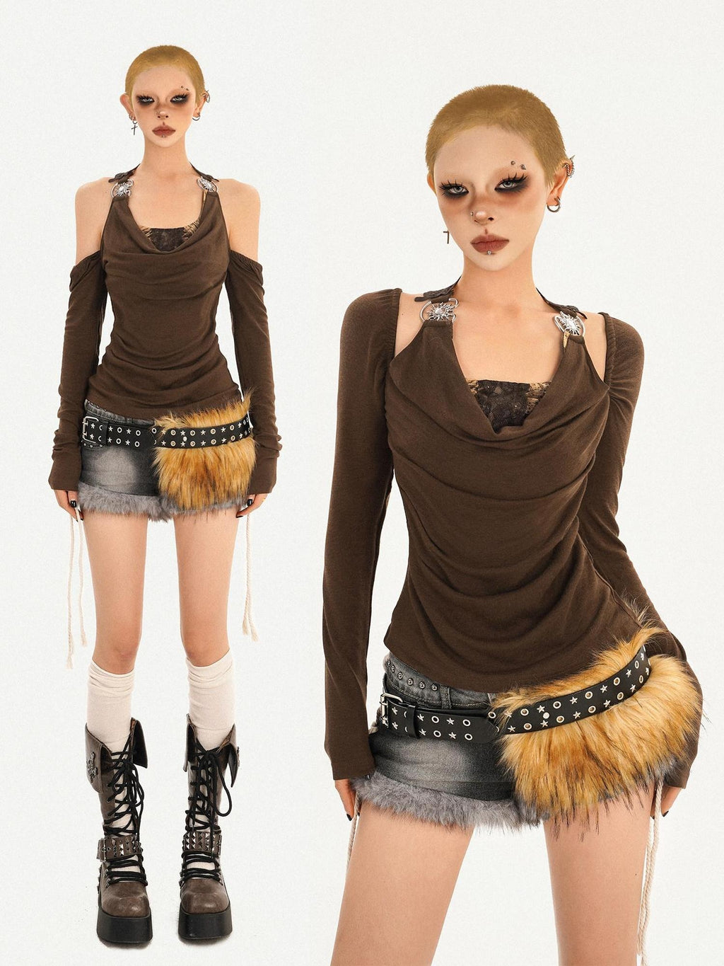 Nico Molly Sexy Backless Bardot Flared Sleeve Coffee Brown Leather Long Sleeve T-Shirts