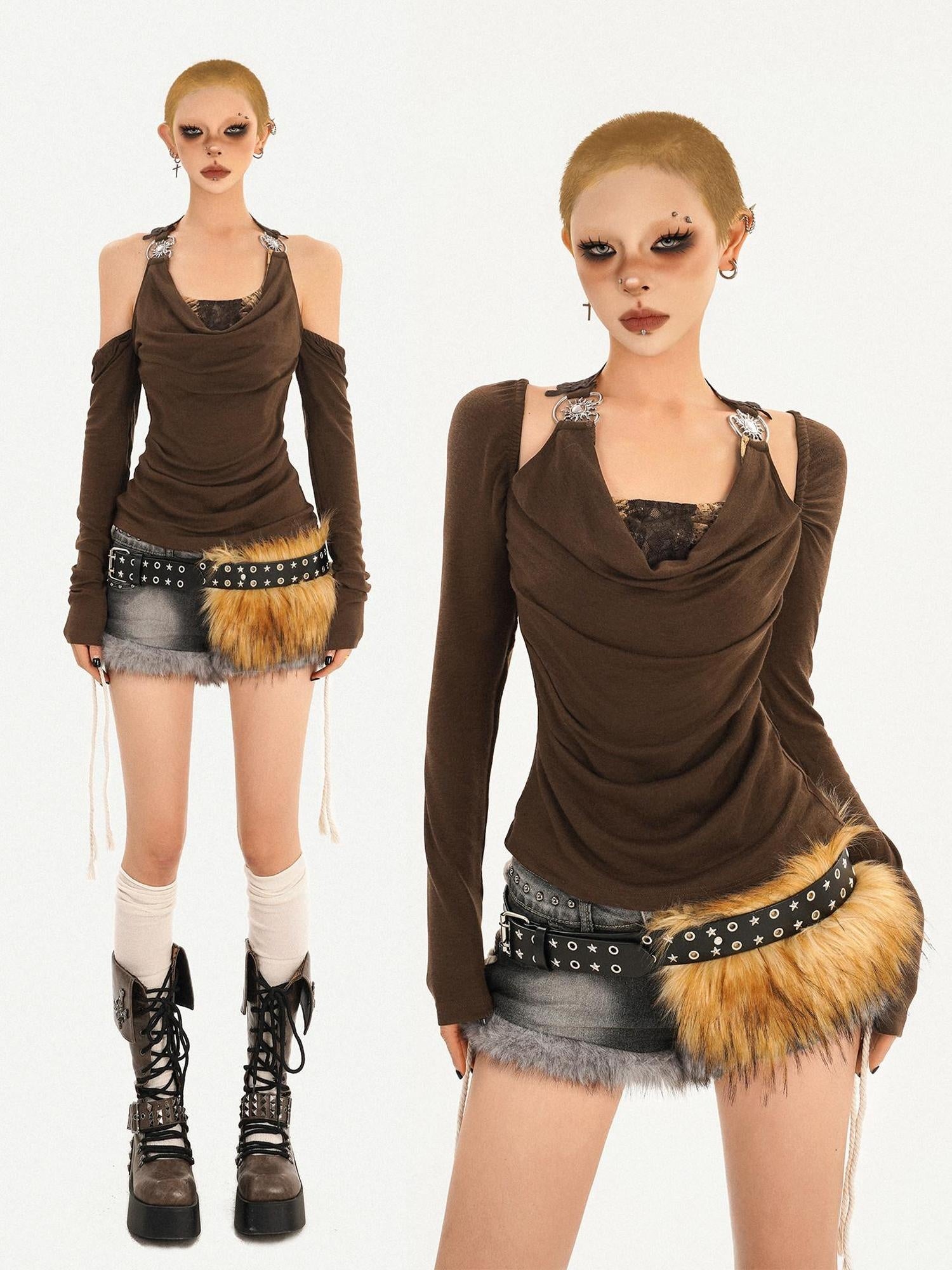 Nico Molly Sexy Backless Bardot Flared Sleeve Coffee Brown Leather Long Sleeve T-Shirts