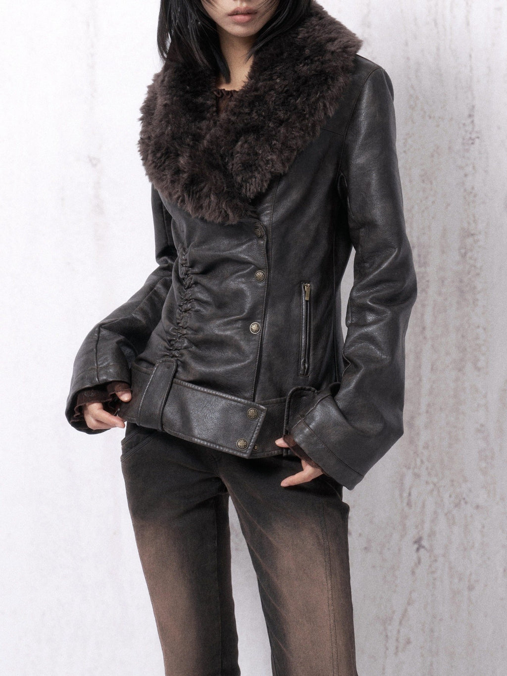 OPEN AESTHETIC Warm Fur Collar Slim Fit Retro Pleated Pu Brown Notch Collar Leather Jackets