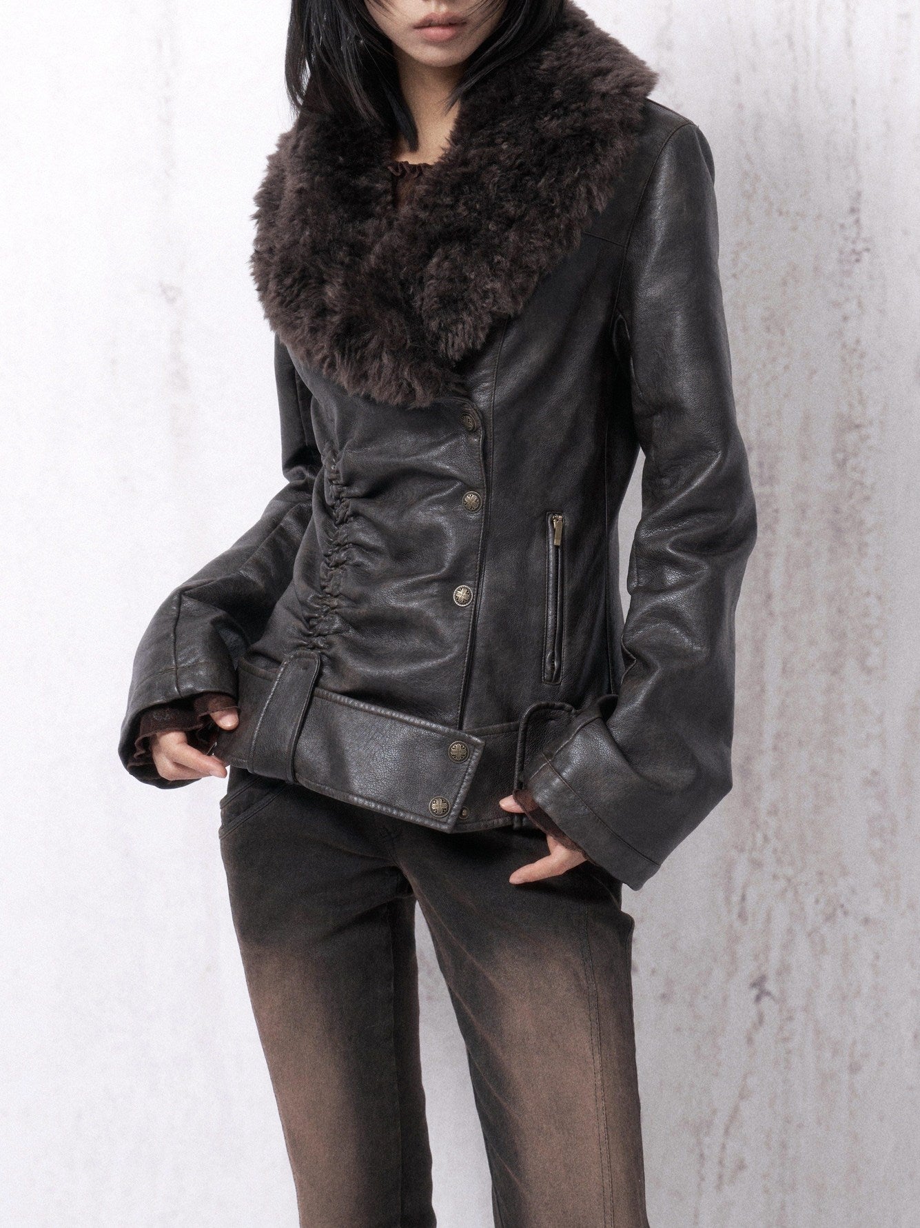 OPEN AESTHETIC Warm Fur Collar Slim Fit Retro Pleated Pu Brown Notch Collar Leather Jackets