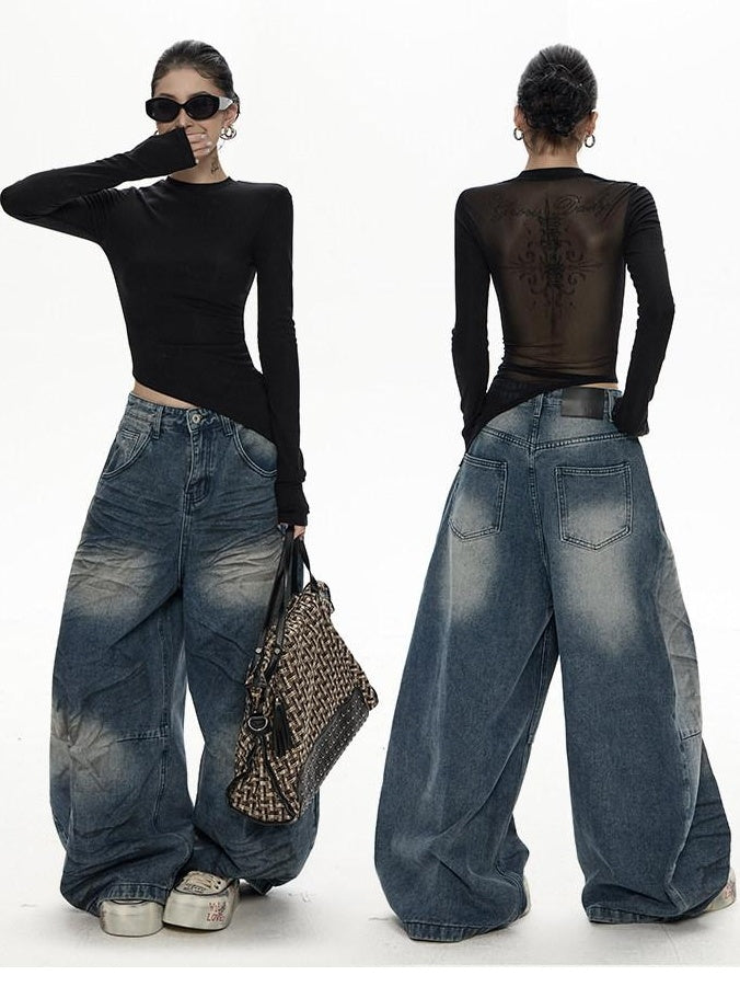 ZERO Rhinestone Mesh Lyocell Slim Cropped Women Black Long Sleeve T-Shirts