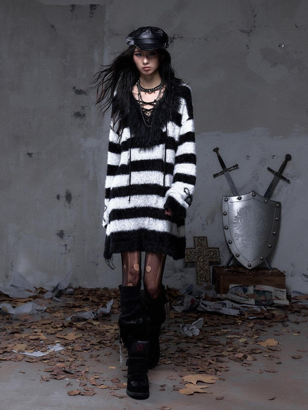 NO ROMANCE Vintage Punk Distressed Striped Women'S Faux Mink Low Neck Loose Long Sweaters