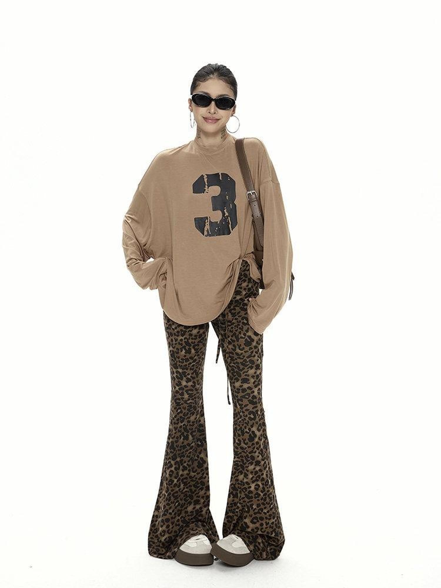 ZERO Viscose Knit Loose Midlength Number Print Round Neck Unisex Long Sleeve T-Shirts