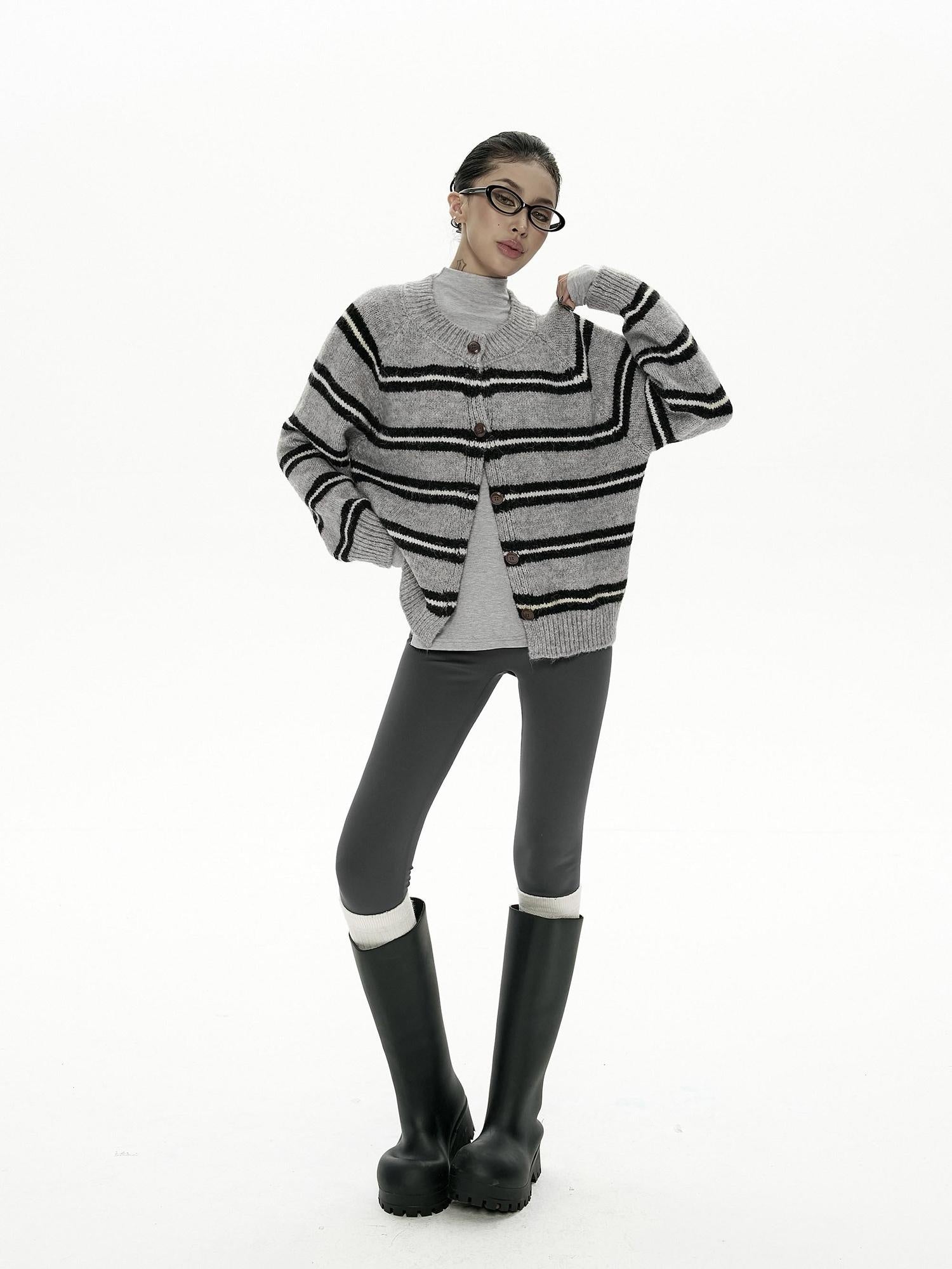 ZERO Cozy Acrylic Striped Relaxed Fit Round Neck Button Front Young Women Cardigans