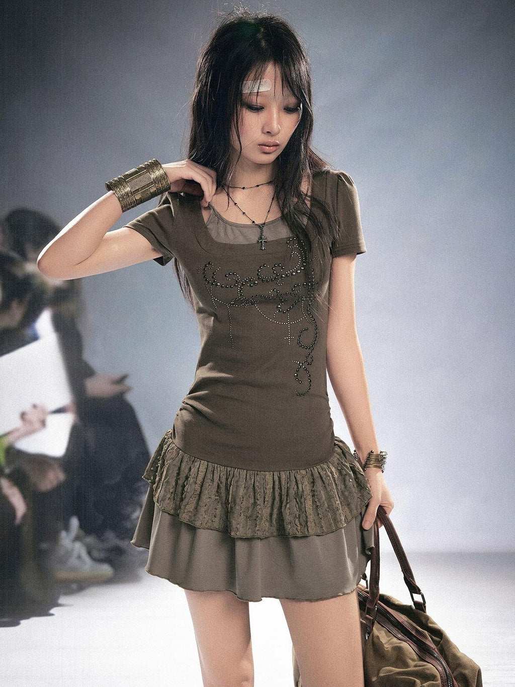 Cest Nous Rhinestone Patchwork Faux Two Piece Short Sleeve Women Sage Green Minidresses