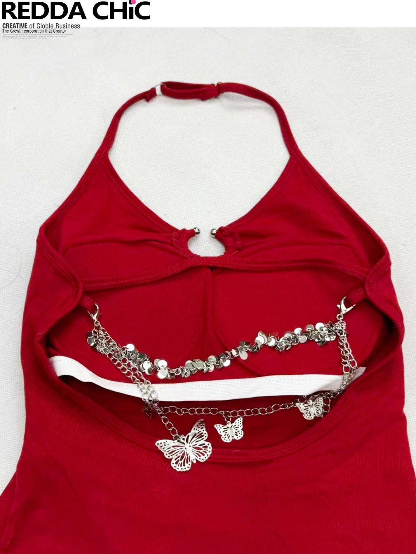REDDACHIC Red Halter V-neck Backless Butterfly Print Padded Slim Crop Women'S Camisoles