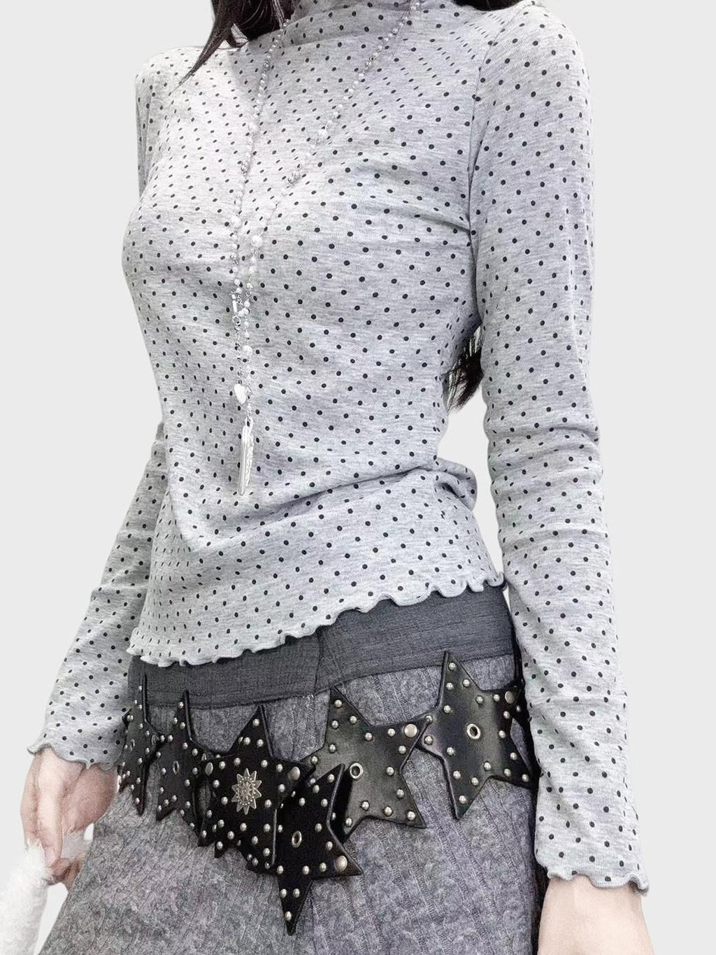 REDDACHIC Gray Polka Dot Knit Half Turtleneck Slim Women'S Long Sleeve T-Shirts