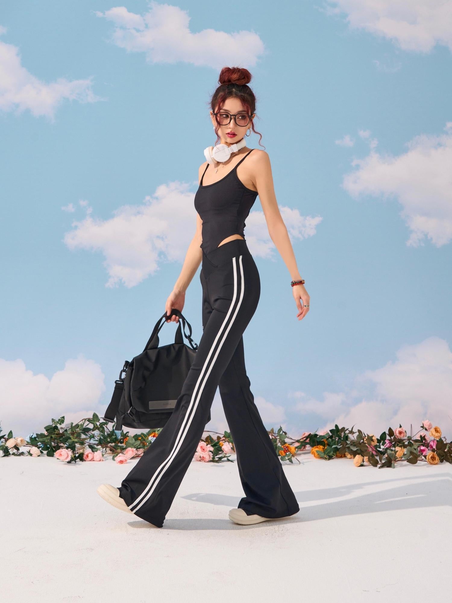 ZERO Stretch Knit Street Sporty Wide Leg Women Black Striped Nylon Flared Pants