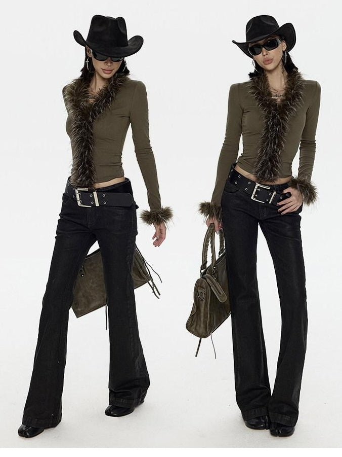 ZERO Warm Viscose Knit Slim Fur Collar Pullover Women Green Long Sleeve T-Shirts