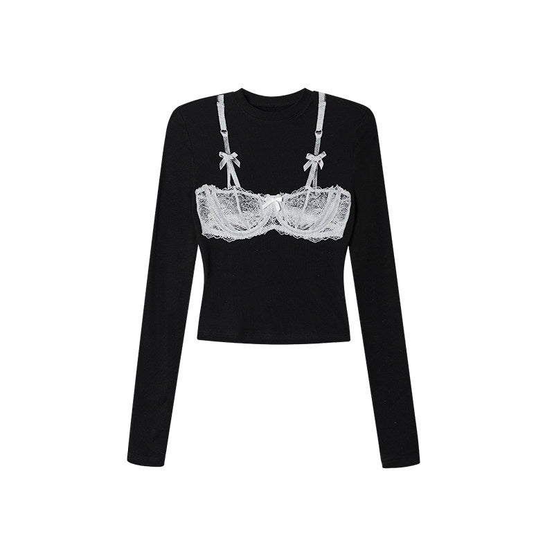 ZERO_Lyocell_Knit_Slim_Fit_Mock_Layered_Crew_Women_Black_Long_Sleeve_Crop_Tops_MISSTT