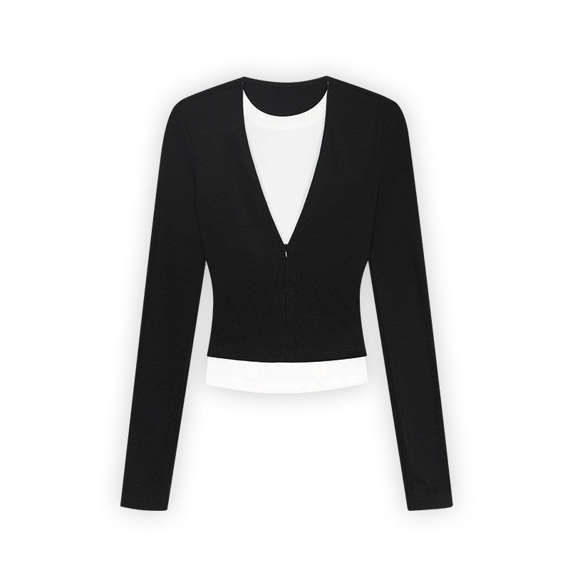 ZERO_Slim_Fit_V-neck_Layered_Viscose_Knit_Women_Black_Long_Sleeve_Crop_Tops_MISSTT
